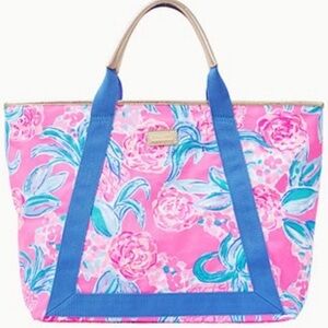 LILLY PULITZER Sofia Tote Bag Prosecco Pink /  Pink & Blue with Gold Details NWT